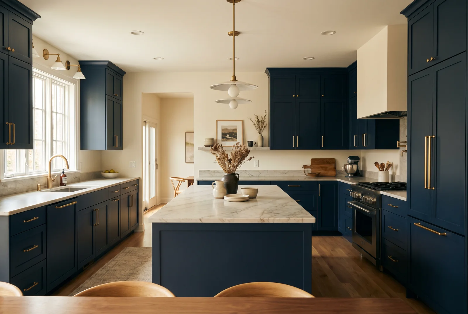 A modern remodeled kitchen with deep navy cabinets and brass fixtures