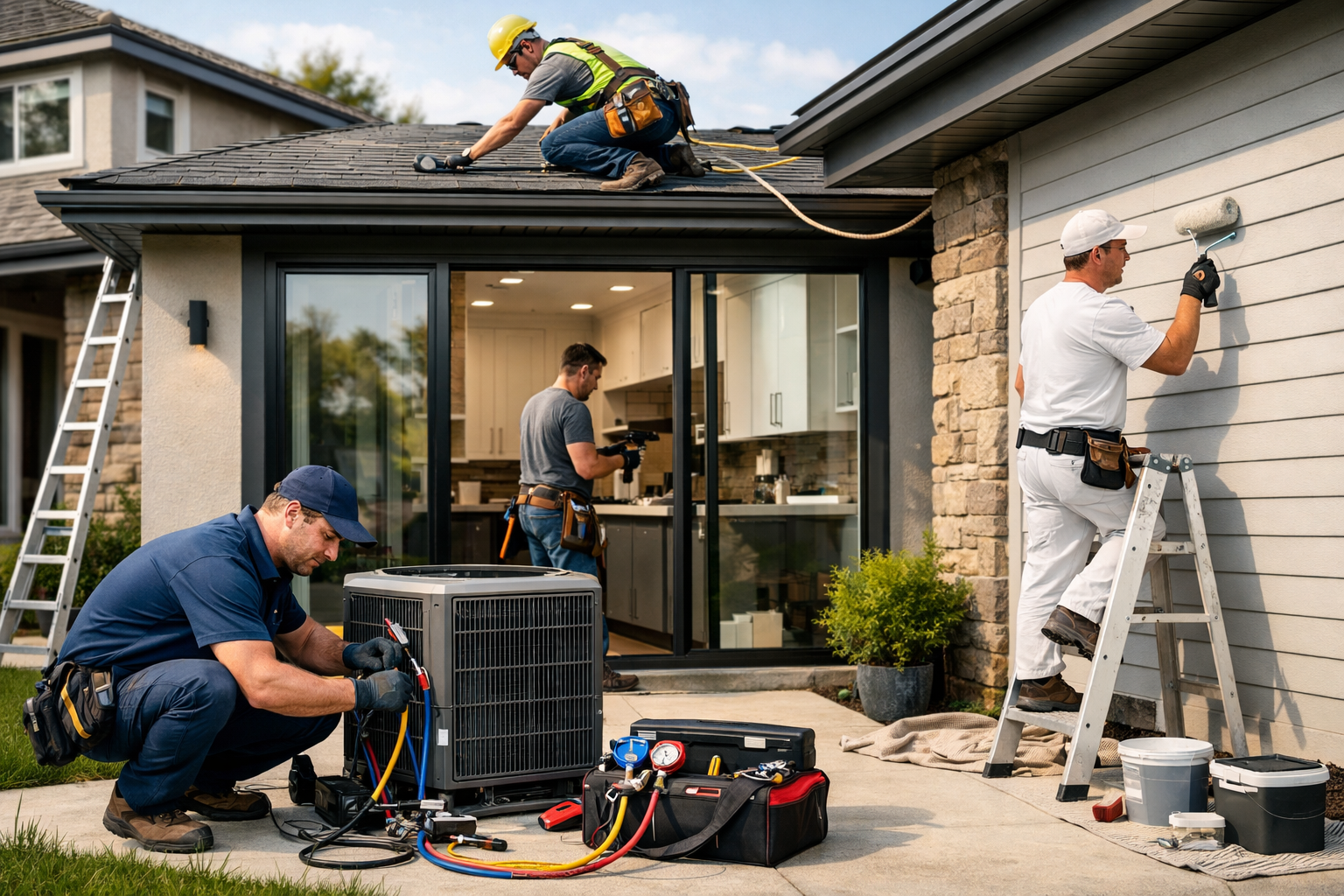 Home service contractors repairing roof, HVAC unit, and painting exterior for SEM agency marketing campaign promotion.